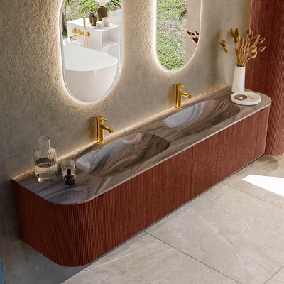 MONDIAZ KURVE-DLUX Meuble de salle de bains 200cm arrondi Gauche + Droite couleur Ruby avec 2 tiroirs et 2 portes. Lavabo STOR SMALL Double 2 trous de robinet Sombra.