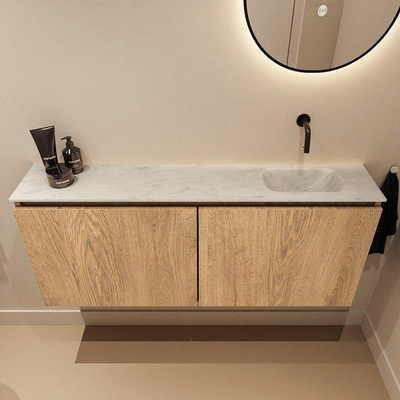 MONDIAZ TURE-DLUX meuble de toilettes 120 cm Washed Oak. Lavabo EDEN Opalo position à droite. Sans trou de robinet.