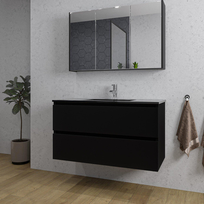 Saniclass Chaci Ensemble meuble de salle de bains - 100x46x55cm - lavabo céramique noir - 1 vasque - 1 trou de robinet - 2 tiroirs - armoire de toilette - noir mat