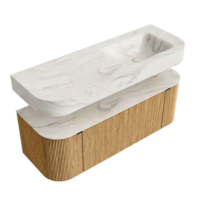 MONDIAZ THOR-DLUX Meuble de salle de bains 130cm arrondi gauche + droite couleur Oak avec 1 tiroir et 2 portes. Vasque suspendue CLOUD Droite sans trou de robinet couleur Ostra.