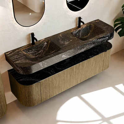 MONDIAZ THOR-DLUX 170cm meuble de salle de bains arrondi gauche + droite couleur Dusk avec 1 tiroir et 2 portes. Vasque suspendue CLOUD Double 2 trous de robinet couleur Lava.