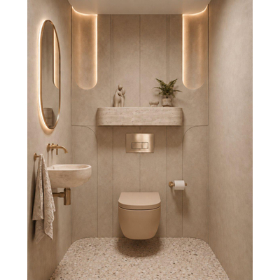 QeramiQ Dely Ensemble de toilettes - 36,3x51,7cm - cuvette profonde - sans bride - réservoir encastré Geberit UP720 - abattant de toilette softclose 35 mm - plaque de commande laiton brossé - boutons rectangulaires - beige mat
