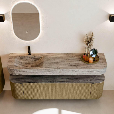 MONDIAZ THOR-DLUX Meuble de salle de bains 170cm arrondi gauche + droite couleur Dusk avec 1 tiroir et 2 portes. Vasque suspendue CLOUD Gauche 1 trou de robinet couleur Oza.