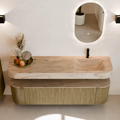 MONDIAZ THOR-DLUX Meuble de salle de bains 170cm arrondi gauche + droite couleur Dusk avec 1 tiroir et 2 portes. Vasque suspendue CLOUD Droite 1 trou de robinet couleur Arena.