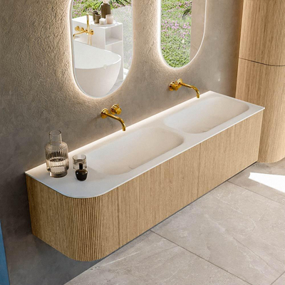 MONDIAZ KURVE 165cm Meuble salle de bain avec module 25 G - couleur Oak - 2 tiroirs - 1 porte - vasque BIG SMALL double / droite - sans trous de robinet - Talc