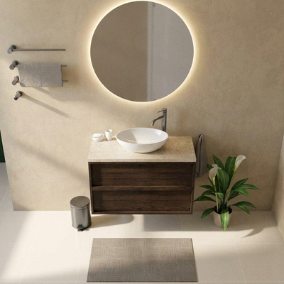 Saniclass Holz Frame Ensemble de meuble de salle de bains - 100x45x63cm - Plan de travail en pierre naturelle travertin - 1 trou de robinet - 2 tiroirs - chêne charcoal mat (bois)
