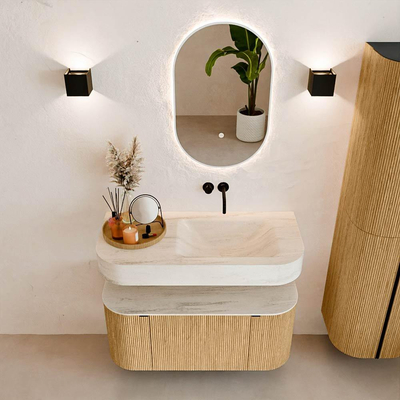 MONDIAZ THOR-DLUX 100cm meuble de salle de bains arrondi gauche + droite couleur Chêne avec 1 tiroir et 2 portes. Vasque suspendue CLOUD Droite sans trou de robinet couleur Meli.