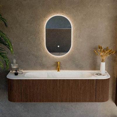 MONDIAZ KURVE 170cm Meuble salle de bain avec module 25 G et D - couleur Walnut - 1 tiroir - 2 portes - vasque BIG LARGE centre - 1 trou de robinet - Talc