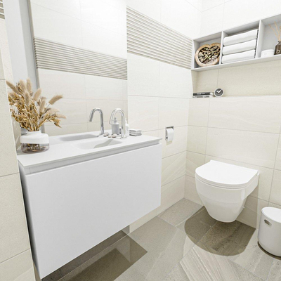 MONDIAZ OLAN Kit lave-mains - 80x30x40cm - 1 trou de robinet - 1 tiroir - talc mat - lavabo centré - Solid Surface Blanc