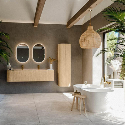 MONDIAZ KURVE-DLUX 170cm meuble de salle de bains arrondi Gauche + Droite couleur Chêne avec 1 tiroir et 2 portes. Lavabo LEAF Double 2 trous de robinet Saba.