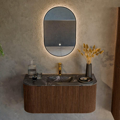 MONDIAZ KURVE-DLUX 100cm badmeubel met module 25 Len R kleur Walnut met 1 lade en 2 deuren. Wastafel GRUNNE midden 1 kraangat kleur Lava.