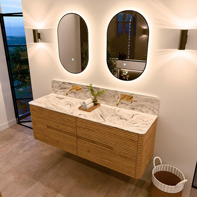 Mondiaz CIRO-DLUX Badkamermeubelset - 150x45x50cm - Solid surface wastafel Glace - 2 wasbak Dubbel - zonder kraangaten - 4 lades - Oak