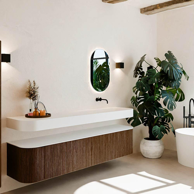 MONDIAZ THOR 200cm meuble de salle de bains arrondi gauche + droite couleur Walnut avec 2 tiroirs et 2 portes. Vasque suspendue CLOUD Droite sans trou de robinet couleur Talc.