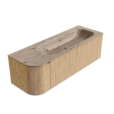 MONDIAZ KURVE-DLUX Meuble de salle de bains 135cm arrondi à gauche couleur Chêne avec 1 tiroir et 1 porte. Lavabo BIG MEDIUM à droite sans trou de robinet Arena.