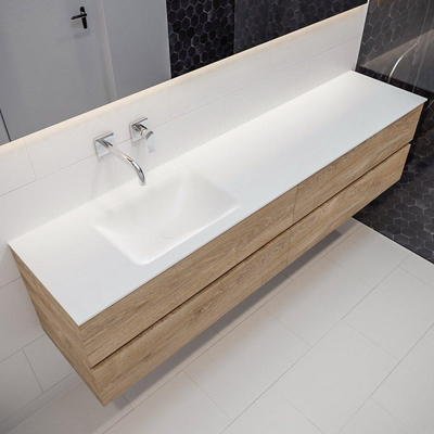 MONDIAZ VICA Ensemble de meuble salle de bain - 200cm - 4 tiroirs - lavabo Cloud gauche - 0 trous de robinet - solid surface chêne blanchi