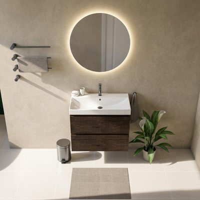 Saniclass Holz Atelier Ensemble de meuble de salle de bains - 80x45x67.5cm - lavabo en céramique Wave - 1 vasque - 1 trou de robinetterie - 2 tiroirs - chêne charcoal mat (bois)