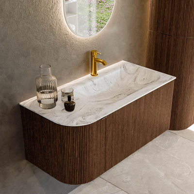 MONDIAZ KURVE-DLUX 95cm badmeubel met module 25 L kleur Walnut met 1 lade en 1 deur. Wastafel BIG SMALL rechts 1 kraangat kleur Glace.