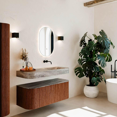 MONDIAZ THOR-DLUX 120cm meuble de salle de bains arrondi gauche + droite couleur Ruby avec 1 tiroir et 2 portes. Vasque suspendue CLOUD Droite sans trou de robinet couleur Oza.