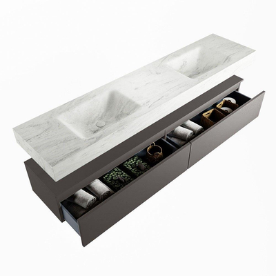 Mondiaz ALAN-DLUX Ensemble de meuble - 200cm - meuble Dark grey mat - 2 tiroirs - Lavabo Cloud Opalo suspendu - vasque Gauche et droite - 0 trous de robinet