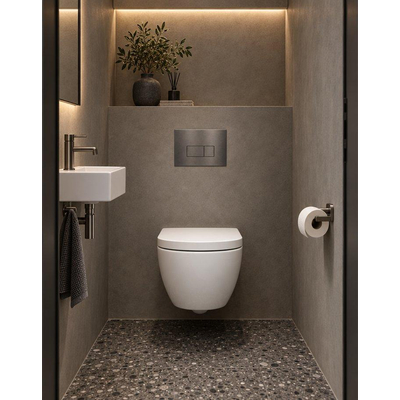 QeramiQ Dely Swirl Compact Toiletset - inbouwreservoir QeramiQ flush - 25mm zitting - metalen bedieningsplaat gunmetal - rechthoekige knoppen - glans wit