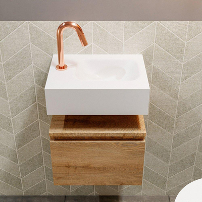 MONDIAZ ANDOR Toiletmeubel - 40x30x30cm - 1 kraangat - 1 lades - washed oak mat - wasbak rechts - Solid surface - Wit