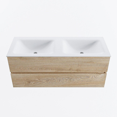 MONDIAZ VICA meuble sous lavabo 120cm Chêne blanchi 2 tiroirs. Lavabo CLOUD double sans trou de robinet, couleur Talc.