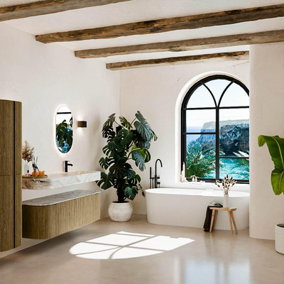 MONDIAZ THOR-DLUX 150cm meuble de salle de bains arrondi gauche + droite couleur Dusk avec 1 tiroir et 2 portes. Vasque suspendue CLOUD Droite 1 trou de robinet couleur Glace.