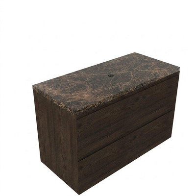 Saniclass Holz Pure Ensemble de meubles de salle de bains - 100x45x63cm - Plan en pierre naturelle Noche dark emperador - sans trou de robinetterie - 2 tiroirs - chêne charcoal mat (bois)