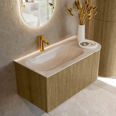 MONDIAZ KURVE-DLUX Meuble de salle de bains 95cm arrondi à droite couleur Dusk avec 1 tiroir et 1 porte. Lavabo BIG SMALL gauche 1 trou de robinet Meli.