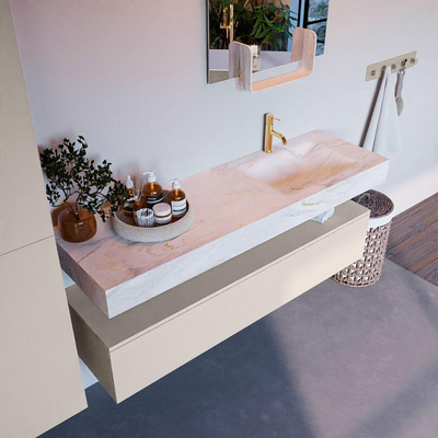 Mondiaz ALAN-DLUX Ensemble de meuble - 150cm - meuble Linen mat - 1 tiroir - Lavabo Cloud Ostra suspendu - vasque Droite - 1 trou de robinet