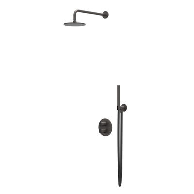 IVY Concord Ensemble de douche pluie - encastré - inverseur d'arrêt 2 voies - bras de plafond 20 cm - pomme de douche principale medium ronde 30 cm - barre de douche avec sortie - flexible de douche 150 cm - douchette stick - INOX316 - noir carbone brossé