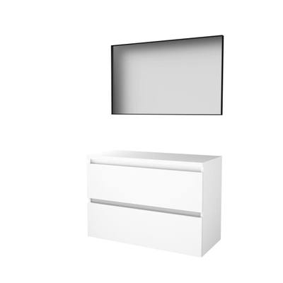 Basic-Line Framed 46 badkamermeubelset - 100x46cm - greeploos - 2 lades - wastafelblad - Spiegel - mat zwart aluminium frame - rondom - MDF lak Ice White