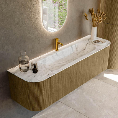 Mondiaz KURVE-DLUX Badkamermeubelset - 160x46x40cm - 1 lade - 2 deuren - wastafel solid surface - midden - 1 kraangat - Dusk