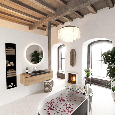 Mondiaz BUKLA Ensemble de meuble - 120x45x34cm - 1 trou de robinet - lavabo centré - solid surface - Urban - sans poignée - 1 tiroir - Mélamine - Chêne blanchi