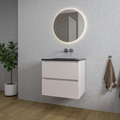 Saniclass Chaci Meuble de salle de bain - 60x46x55cm - lavabo en céramique noir - 1 vasque - sans trou de robinet - 2 tiroirs - ronde miroir avec éclairage - mat cotton (beige)