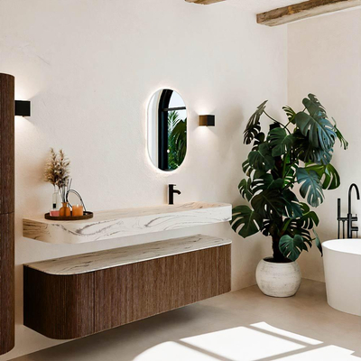 MONDIAZ THOR-DLUX 170cm meuble de salle de bains arrondi gauche + droite couleur Walnut avec 1 tiroir et 2 portes. Vasque suspendue CLOUD Droite 1 trou de robinet couleur Nata.