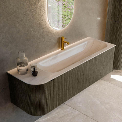 MONDIAZ KURVE-DLUX Meuble de salle de bains 145cm arrondi à gauche couleur Shadow avec 1 tiroir et 1 porte. Lavabo BIG LARGE à droite 1 trou de robinet Meli.