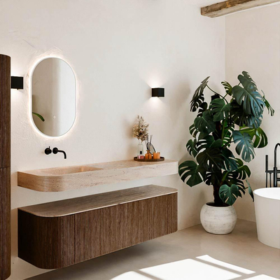 MONDIAZ THOR-DLUX 160cm meuble de salle de bains arrondi gauche + droite couleur Walnut avec 1 tiroir et 2 portes. Vasque suspendue CLOUD Gauche sans trou de robinet couleur Saba.