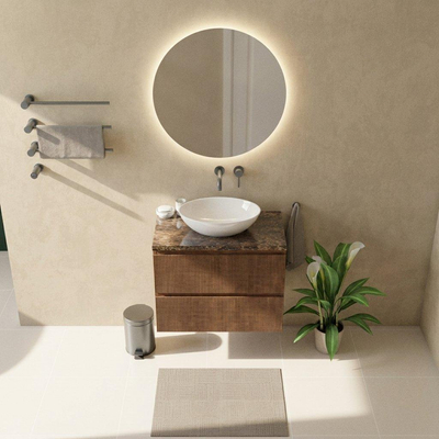 Saniclass Holz Atelier Ensemble de meubles de salle de bains - 80x45x63cm - plan en pierre naturelle Noche dark emperador - sans trou de robinet - 2 tiroirs - mat walnut pure (bois)