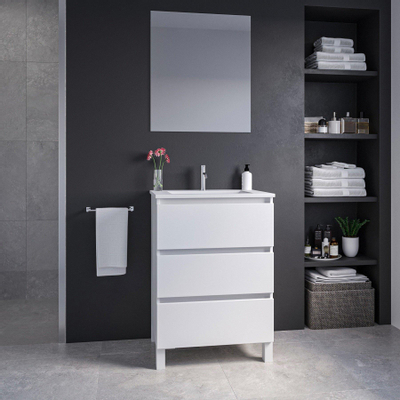 Adema Chaci PLUS Ensemble de meuble - 59.5x86x45.9cm - 1 vasque rectangulaire en céramique Blanc - 1 trou de robinet - 3 tiroirs - miroir rectangulaire - Blanc mat
