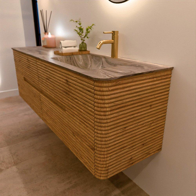 Mondiaz CIRO-DLUX Badkamermeubelset - 160x45x50cm - Solid surface wastafel Sombra - 1 wasbak Rechts - 1 kraangat - 4 lades - Oak