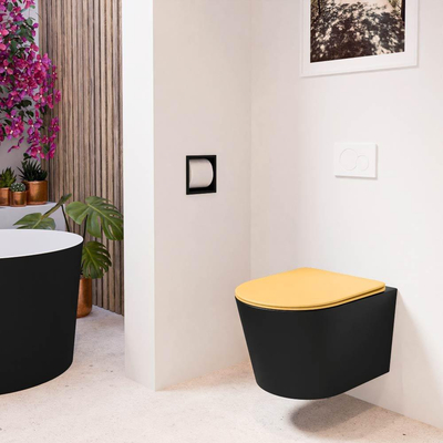 Mondiaz LAVIE hangtoilet – spoelrandloos – 36 x 53 cm – met softclose zitting – Urban (zwart), zitting Ocher (geel)