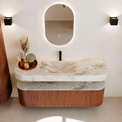 MONDIAZ THOR-DLUX 150cm meuble de salle de bains arrondi gauche + droite couleur Ruby avec 1 tiroir et 2 portes. Vasque suspendue CLOUD Milieu 1 trou de robinet couleur Frappe.