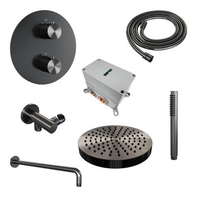 BRAUER Stripe Thermostatische Inbouw Regendouche - 3-weg - rond - SET 38 - 25cm douchekop - gebogen muurarm - staaf handdouche - doucheslang - wandaansluitbocht - gunmetal geborsteld PVD