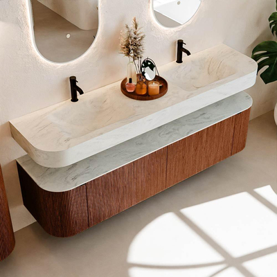 MONDIAZ THOR-DLUX 180cm meuble de salle de bains arrondi gauche + droite couleur Ruby avec 2 tiroirs et 2 portes. Vasque suspendue CLOUD Double 2 trous de robinet couleur Opalo.