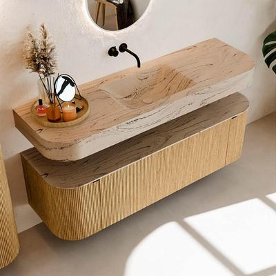 MONDIAZ THOR-DLUX 150cm meuble de salle de bains arrondi gauche + droite couleur Oak avec 1 tiroir et 2 portes. Vasque suspendue CLOUD Milieu sans trou de robinet couleur Arena.