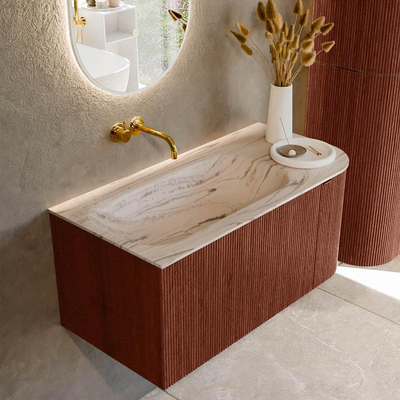 MONDIAZ KURVE-DLUX Meuble de salle de bains 95cm arrondi à droite couleur Ruby avec 1 tiroir et 1 porte. Lavabo BIG SMALL à gauche sans trou de robinet Nata.