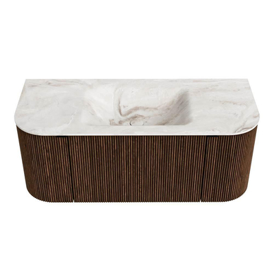 MONDIAZ KURVE-DLUX 110cm badmeubel met module 25 Len R kleur Walnut met 1 lade en 2 deuren. Wastafel CLOUD midden 1 kraangat kleur Frappe.