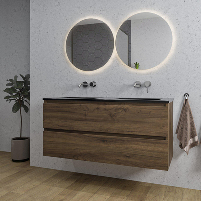 Adema Chaci Badkamermeubelset - 120x46x57cm - 2 keramische wasbakken zwart - zonder kraangaten - 2 lades - ronde spiegel met verlichting - noten (hout)