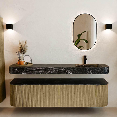 MONDIAZ THOR-DLUX 180cm meuble de salle de bains arrondi gauche + droite couleur Dusk avec 2 tiroirs et 2 portes. Vasque suspendue CLOUD Droite 1 trou de robinet couleur Lava.